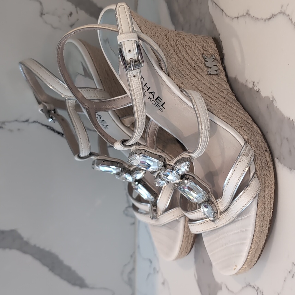 Michael Kors White Leather Espadrille Wedge Sandals With Rhinestones Size 7